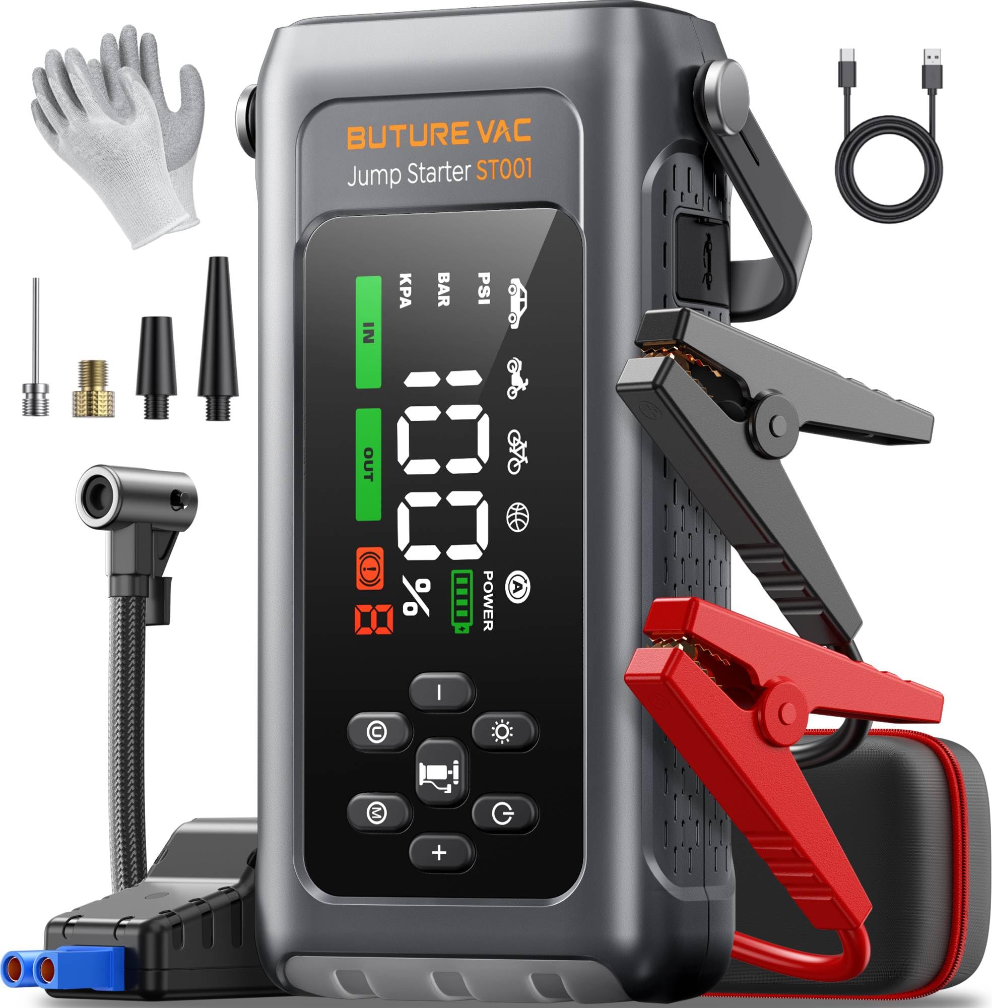 Photo 1 of Car Battery Jump Starter with Air Compressor 4500A 150PSI, All-in-1 Jump Box (9L Gas and 8L Diesel) Jumper Starter Portable Jumper Pack Battery Charger with Jumper Cables, Gloves, Lights