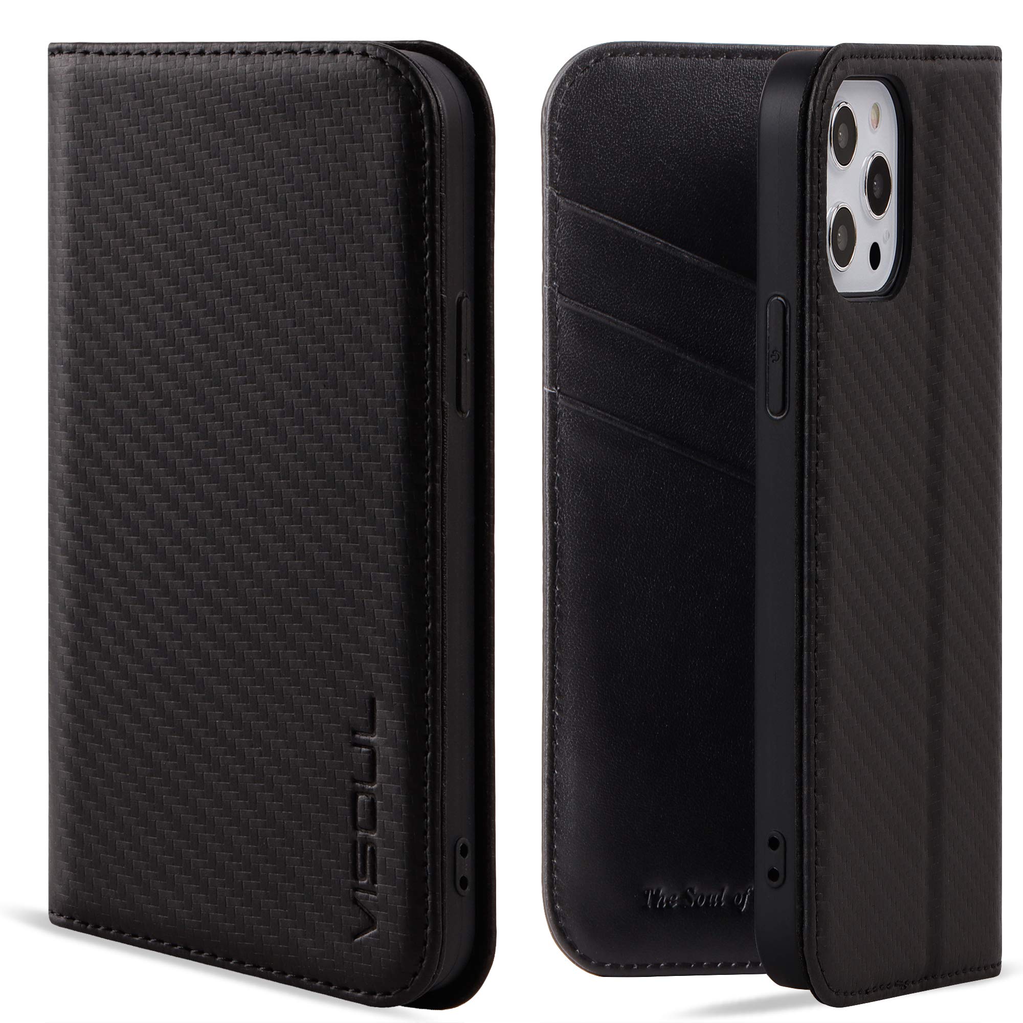 VISOUL Case for iPhone 12 Pro Max,Carbon Fiber Leather Magnetic Closure Book Stand Wallet Cover with Card Slots Shockproof For Flip Folio Compatible With iPhone 12 Pro Max Case 6.7" Black