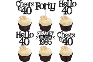Ephlyn 24Pcs Happy 40th Birthday Cupcake Toppers Glitter Forty Cupcake Picks Hello 40 Cheers to 40 Years Birthday Cake Decorations for 40th Birthday Anniversary Party Supplies Black
