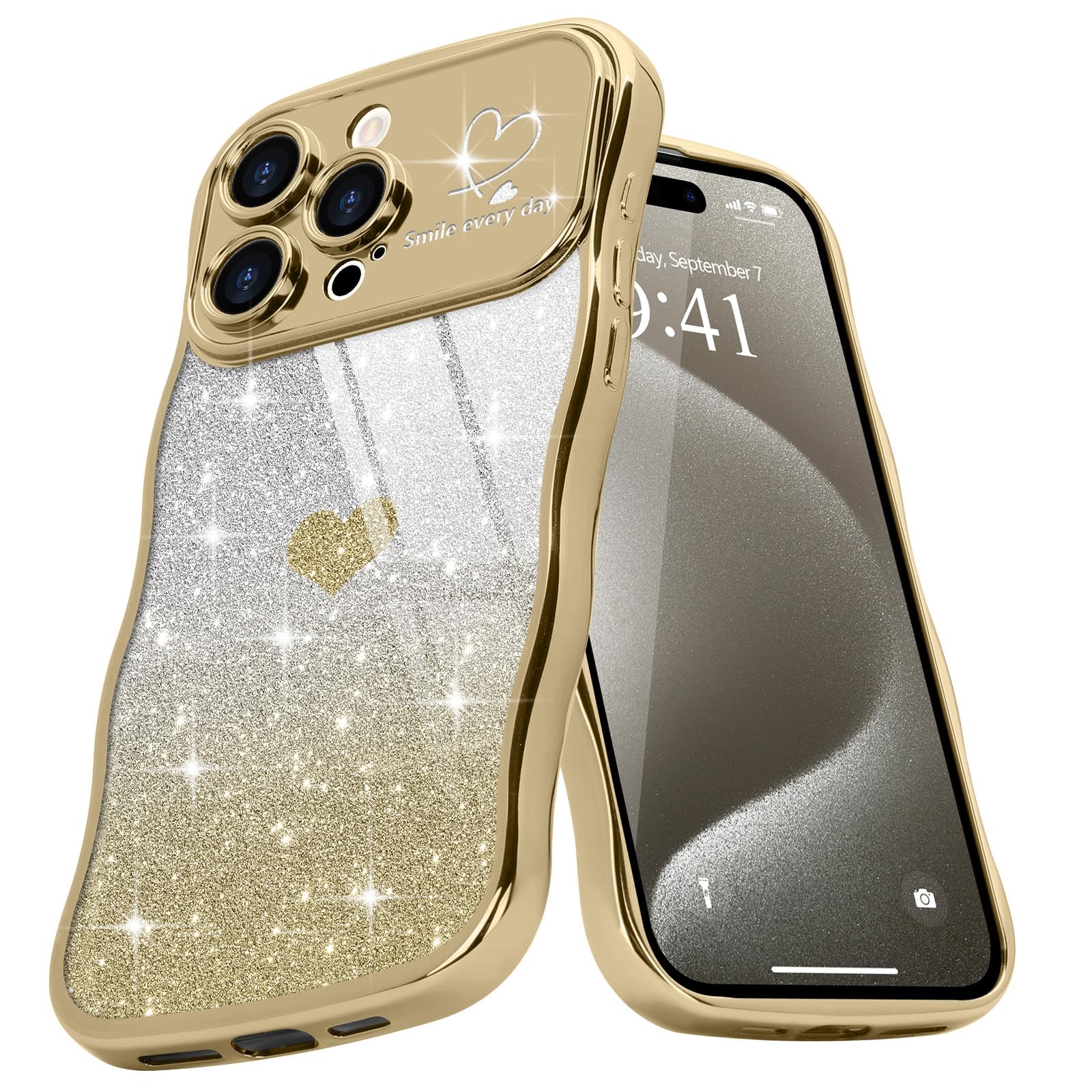 Teageo Cute Heart Pattern Curly Phone Case for iPhone 15 Pro Max, Wave Frame Glitter Case for Girls Women Aesthetic Bling Cover Shockproof Soft TPU Bumper for iPhone 15 Pro Max, Gold