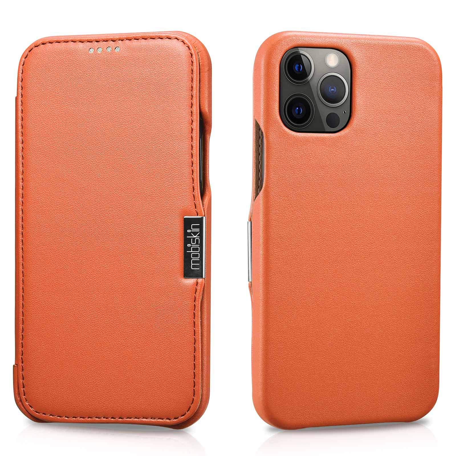 Mobiskin case compatible with Apple iPhone 12 PRO MAX (6.7 inch), cover with genuine leather, book-style protective phone case, ultra-slim folio, thin wallet, orange