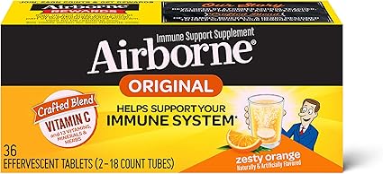 Amazon Com Vitamin C 1000mg Per Serving Airborne Zesty Orange Effervescent Tablets 36 Count In A Box Gluten Free Immune Support Supplement With Vitamins A C E Zinc Selenium Echinacea Ginger Health