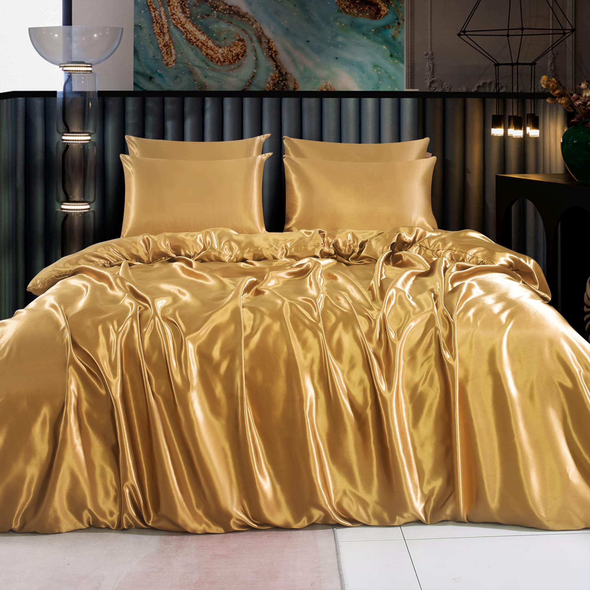 ROOEE Satin Silk Complete Bedding Set - 6 PCS - Fitted sheet, Duvet Cover, 4 Pillow Cases. Color - Dull-Gold Size - Single — image 1