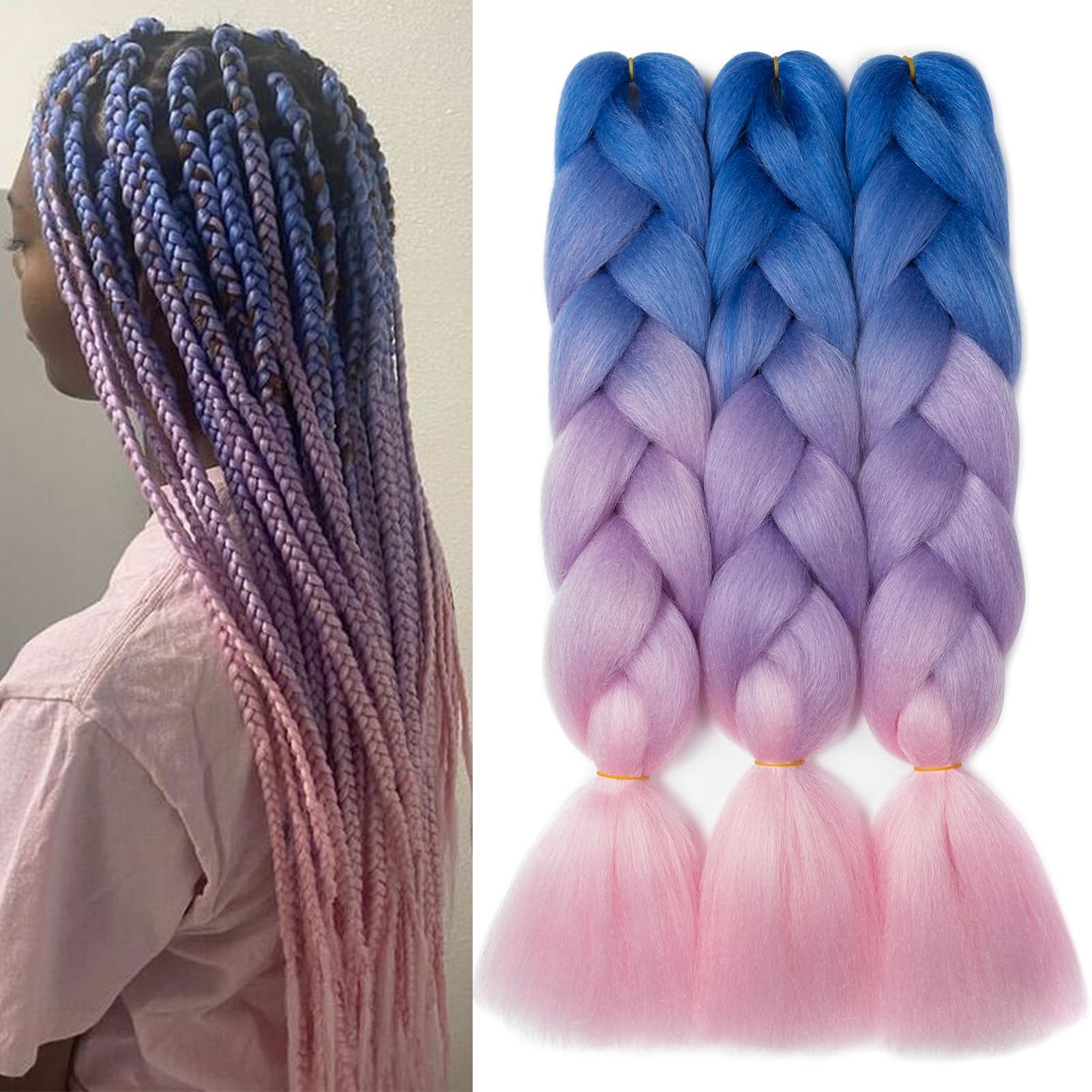 Dcbaboo Jumbo Braiding Hair Extensions 3packs 24inches, Blue-Purple-Pink — image 1