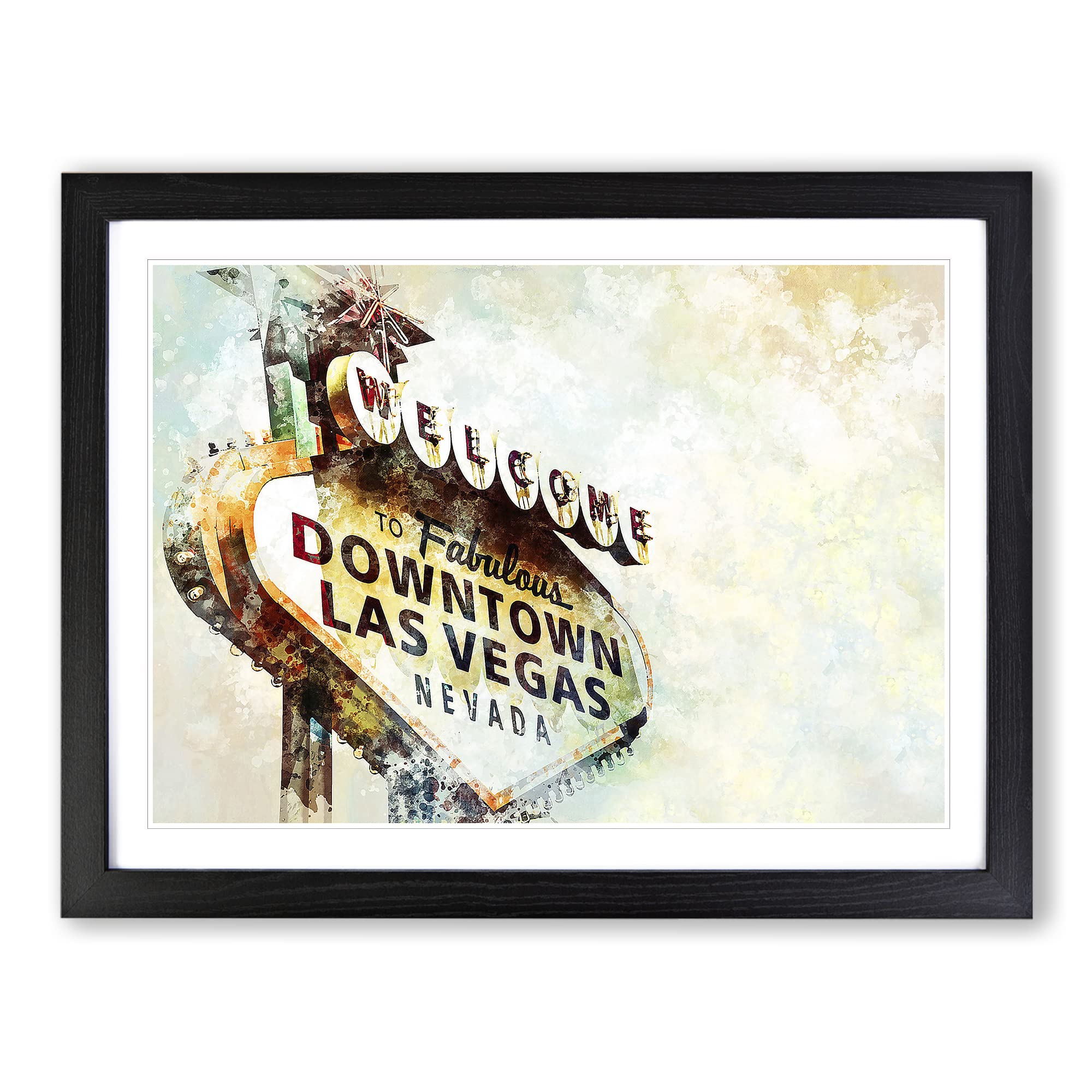 Downtown Las Vegas Sign In Abstract Modern Art Framed Print | A4 Black Framed Wall Art | Ready to Hang | Abstract Cityscape Picture | Living Room Bedroom Lounge Office