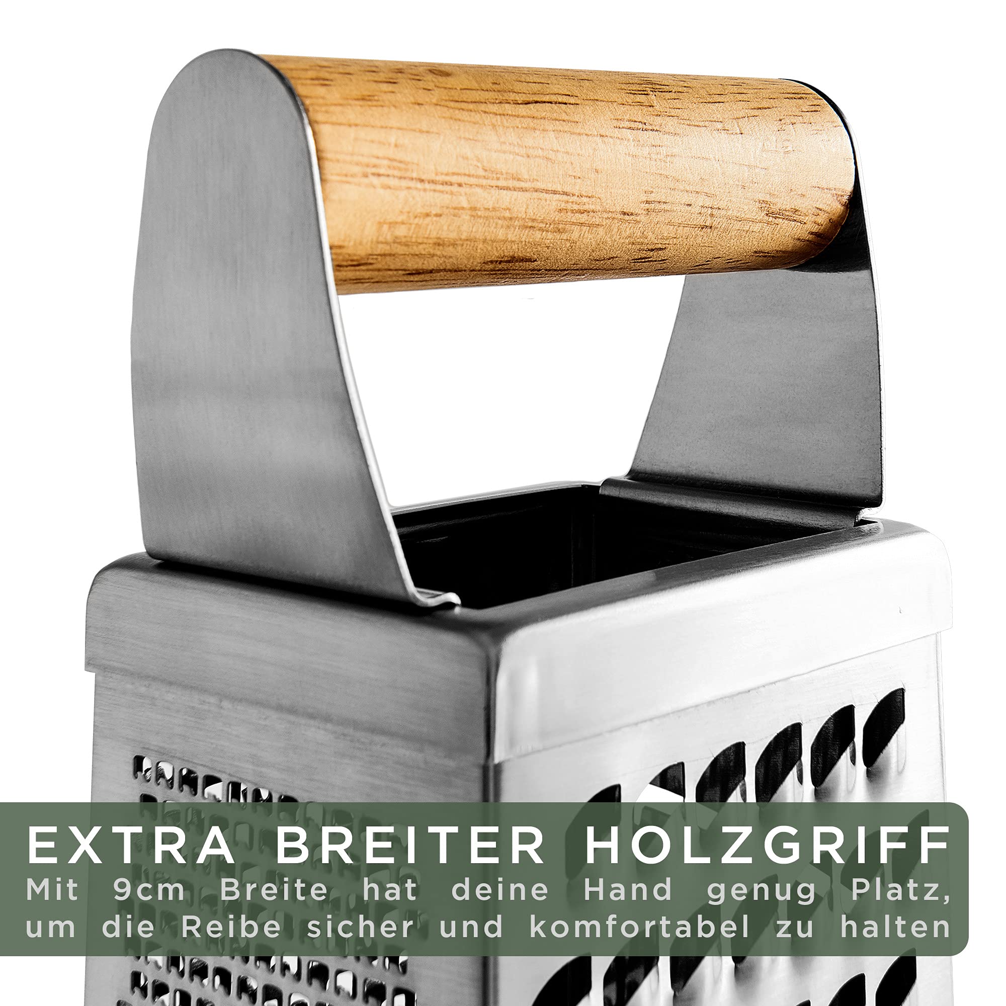WALDWERK Design Reibe (24,5x10,5cm) - Gemüsehobel aus Edelstahl mit geätzten Schneiden - Käsereibe mit Auffangbrett aus Echtholz - Plastikfreie Küchenreibe 2