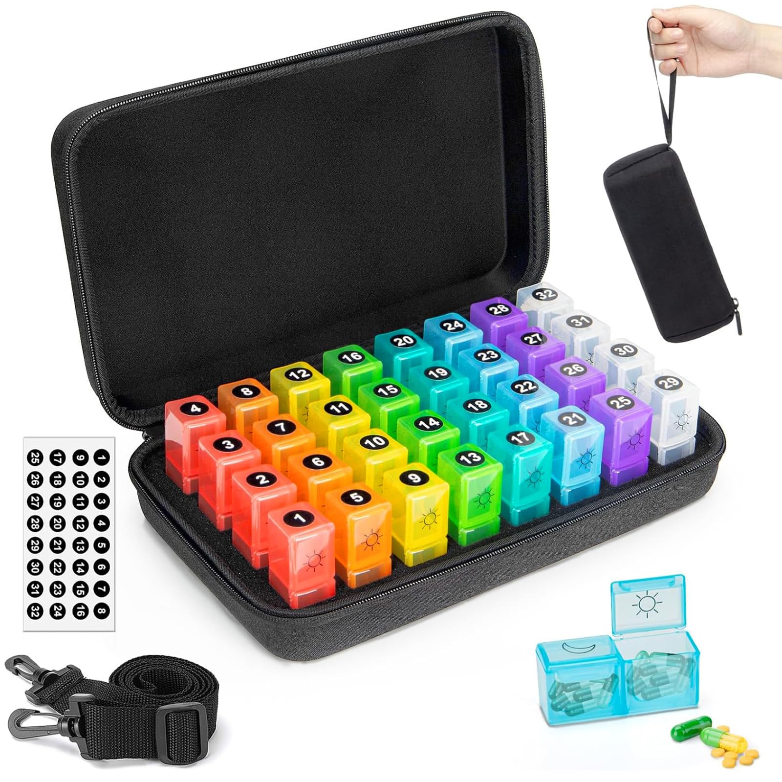 Photo 1 of Monthly Pill Organizer 2 Times a Day with Weekly Pill Bag, 30 Day Pill Box Organizer with 32 Daily Compartments, One Month Pill Box Holder with Hard Travel Case 31 Days Medication Management