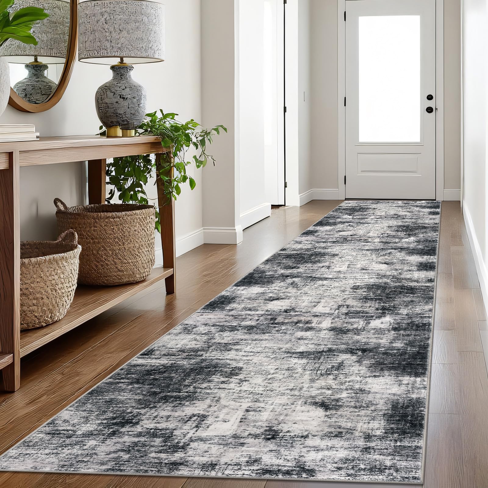 Photo 1 of IOHOUZE Abstract Runner Rug 3x16 Ft Long Washable Runners for Hallways, Non Slip Kitchen Runner Printed Faux Wool Entryway Runner Indoor, Modern Abstract Floor Carpet for Hall Stair, Black Grey