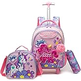 Meetbelify Unicorn Rolling Backpack with Wheels for Elementary Student Kids Wheels Trolley Trip Luggage with Lunch Bag Pencil Case for Girls Ages 6-8