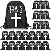 SilTriangle 24 Pcs Christian Drawstring Bags Jesus Loves You Religious Backpack Bags for Church Easter Catholic Christian Bulk Gifts(Black)
