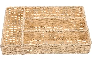 Angoily Narrow Beige Woven Cutlery Basket with Dividers, Small Silverware Drawer Organizer Tray for Kitchen