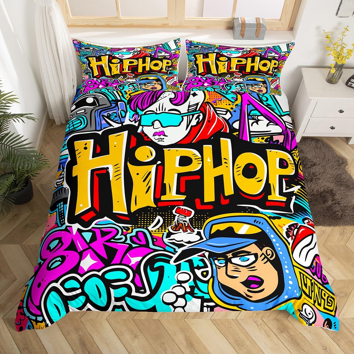 Boys Graffiti Single Bedding Set for Kids Boys Teens Youth Hippie Duvet Cover 3 Pieces 200 x 200cm & 2Pillowcase Watercolor Graffiti Soft Microfiber Street Culture Comforter Cover with Zipper — image 1