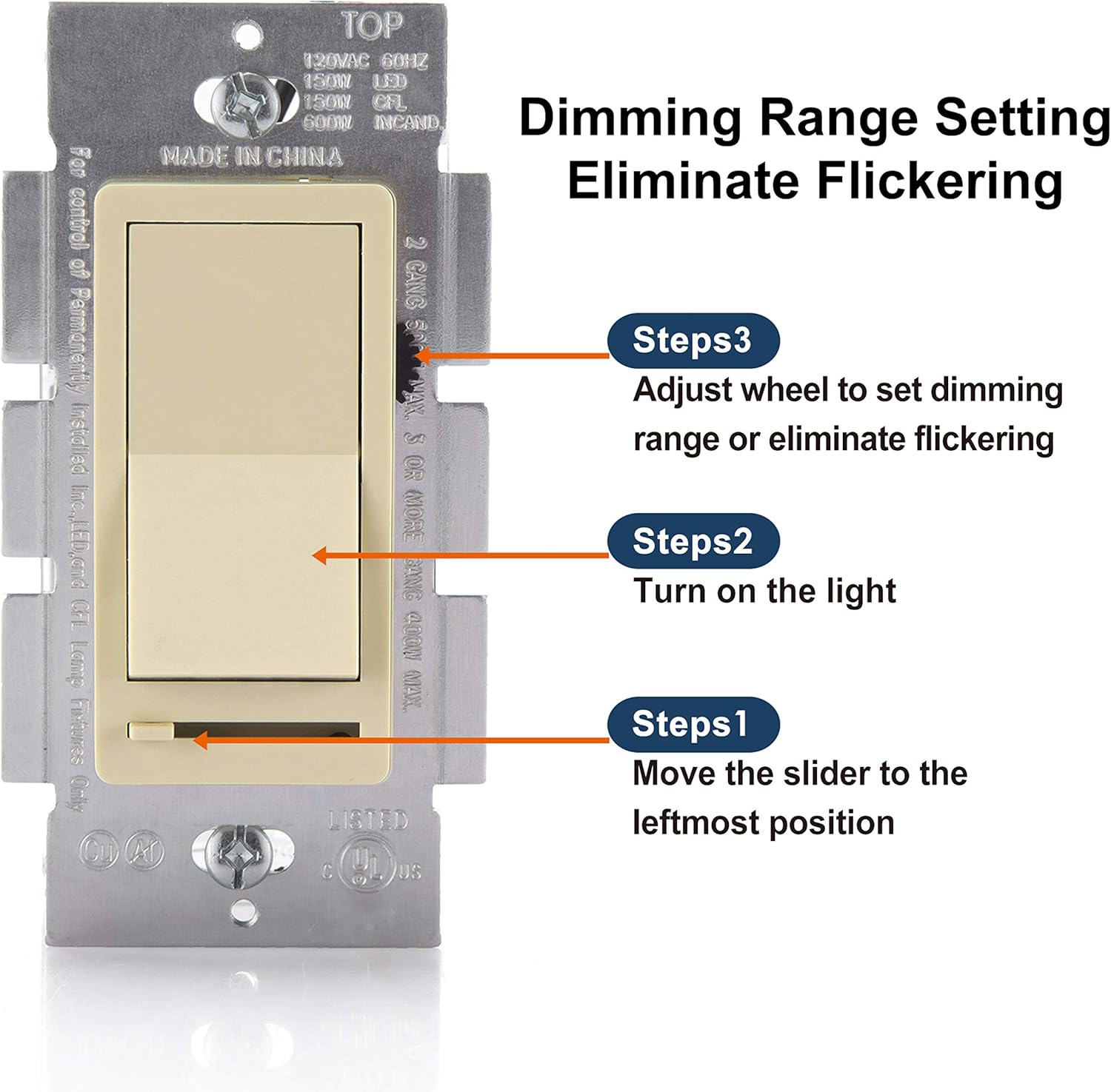 [2 Pack] BESTTEN Dimmer Wall Light Switch, Single-Pole or 3-Way, Compatible with Dimmable LED, Incandescent, Halogen and CFL Bulbs, Wall Plate Included, UL Listed, Ivory: Industrial & Scientific
