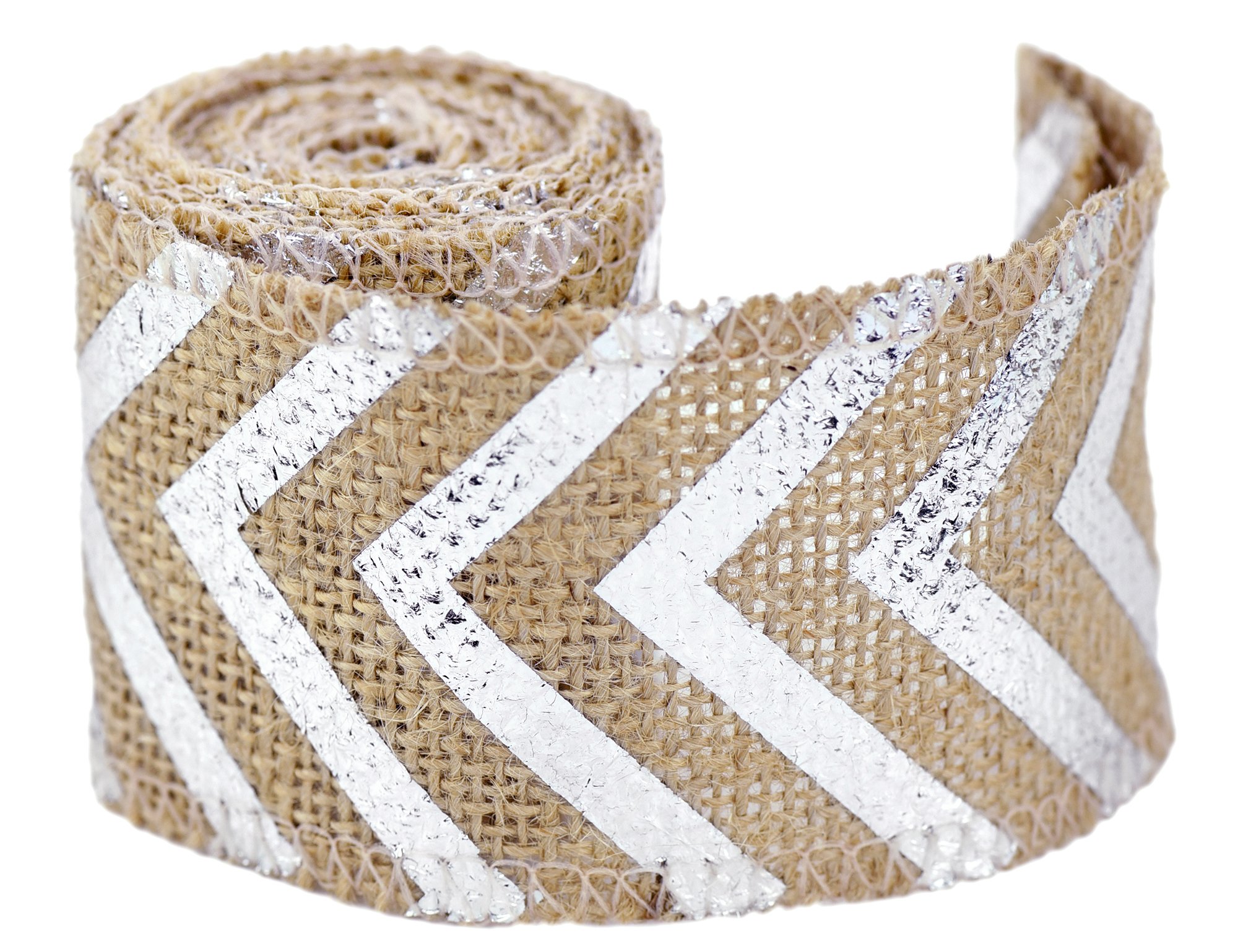 FiveSeasonStuff Burlap Hessian Natural Jute| Pattern Printed for Wedding, Party Decoration, DIY Crafts, 1 Ribbon 6cm Width x 2.1 Meter (Silver Stripes)