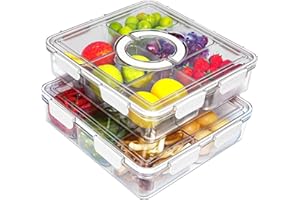 STACKNOVO 2PC Extra Large Fruit Storage Containers for Fridge - Portable Picnic Parties Snackle Box Veggie Tray - Divided Serving Tray with Lid and Handle - Berry Candy Food Snack Organizer Travel - 2PC