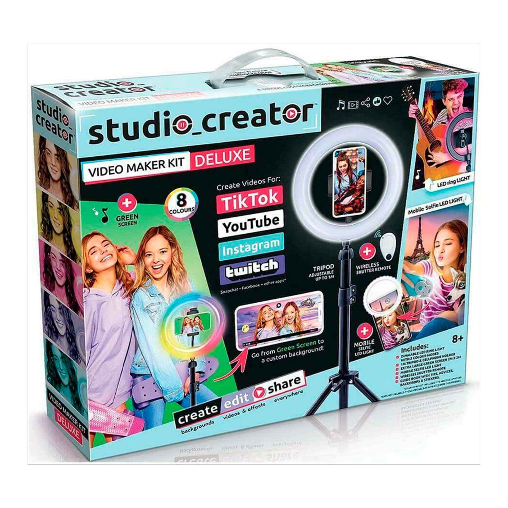 Studio Creator Video Maker Kit Deluxe, Colour LED Ring Light + XL Green Screen, 1m Tripod, Remote, Clip-On Selfie Ring Light + Guide. For Ages 8+