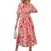 Meetrendi Women's Spring Summer 2025 Floral Midi Dress A Line Chiffon Boho Casual Short Sleeve Long Beach Dresses