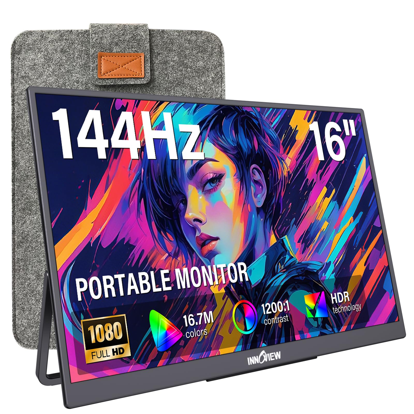 InnoView 16" Portable Monitor 144Hz Portable Gaming Monitor with Protective Sleeve, 1200P FHD External Monitor, Lightweight, Extra Second Screen for Laptop, PS5, Mac, Xbox (Not Includes Adapter) Image