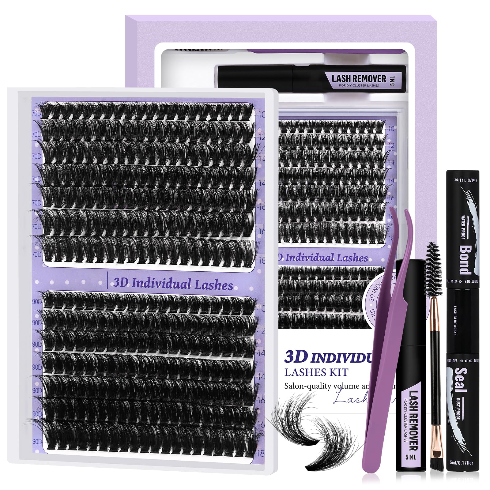 B&Q Fluffy Lash Clusters Kit 7D+90D Dramatic Eyelash Clusters Kit 10-18MM 0.05MM Wispy Lash Thick Volume DIY Individual Lashes 3D Mega Eye Lashes Suitable for Beginners at Home(KIT-70D+90D)