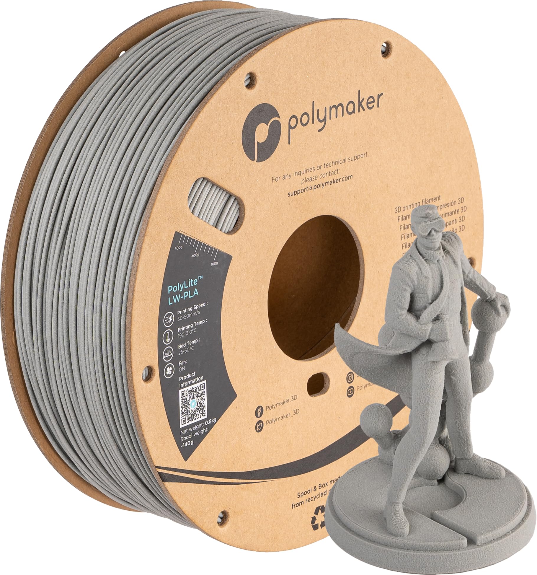 Filamento PLA Polymaker de peso ligero, 1,75 mm, gris, 0,8 kg, filamento PLA para impresora 3D PolyLite, gris, baja densidad, imprime con la mayoría de las impresoras 3D