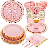 Ziliny 350 Pcs Light Pink Plates and Napkins Party Supplies for Guests Woodland Baby Shower Tableware Include Scalloped Plates Paper Napkin Cup Spoon Fork Knife for Wedding, Birthday
