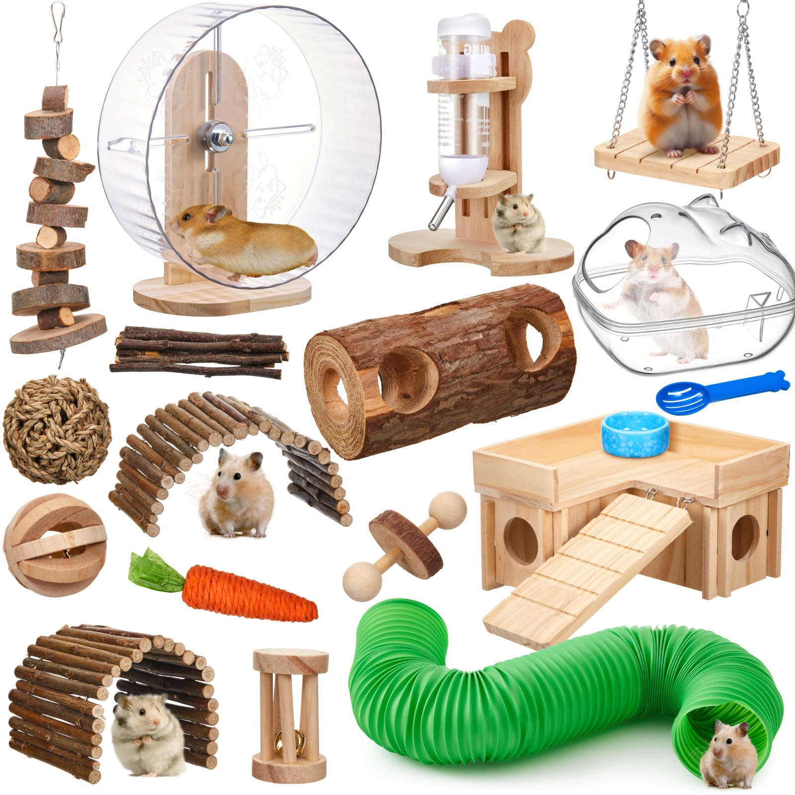 Photo 1 of Sonwyoung 19 Pcs Hamster Toys Set, Wood Hide Out Tree Trunk Tunnel Tube Silent Exercise Running Wheels Water Bottle Set Sand Bath Bowl 10 Kinds Chew Toys for Hamster Habitat Cage Accessories(Plastic)