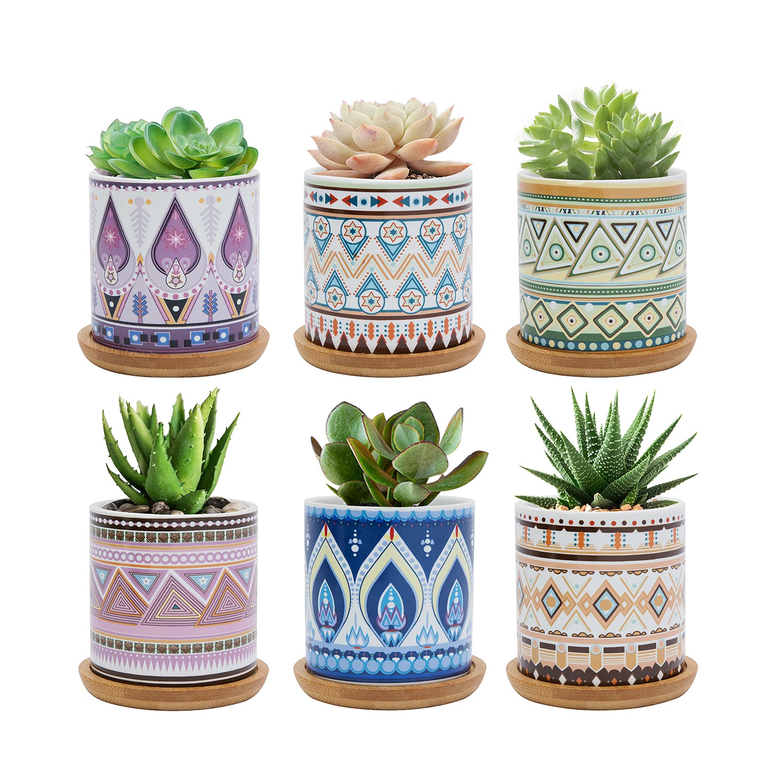 FORAGIFT 7.5CM Succulent Plant Pot, Ceramic Colorful Pattern Cactus Plants Pot, Small Plant Pots for Indoor Outdoor Plants with Bamboo Tray, and Great for Home Office Decor, Set of 6