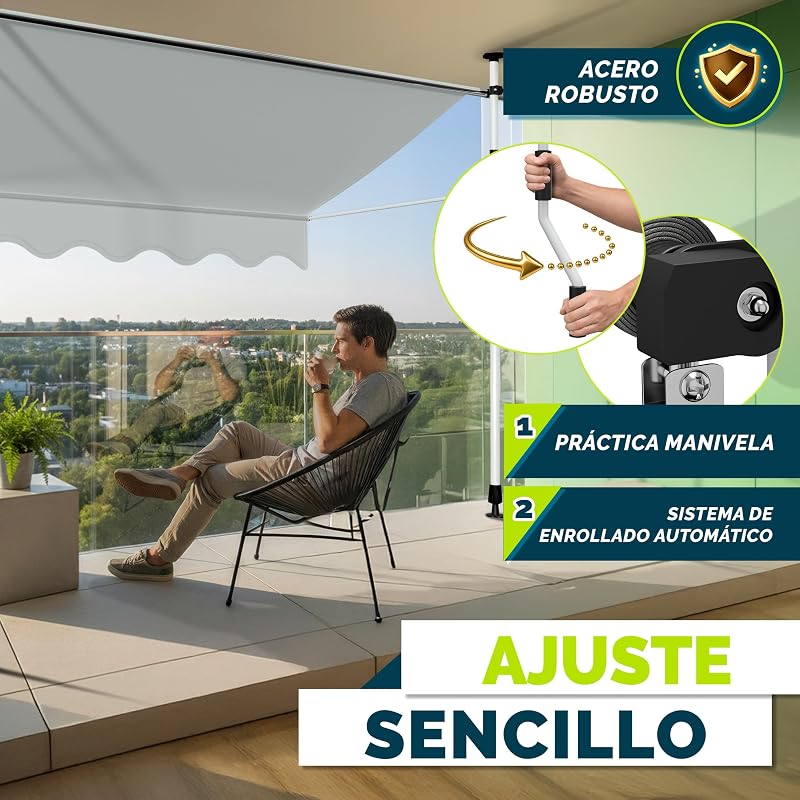 Toldo de gancho Tillvex 250 cm gris claro con manivela manual para balcón | Toldo para balcón sin perforación | Toldo resistente a los rayos UV y ajustable en altura | Protección solar impermeable