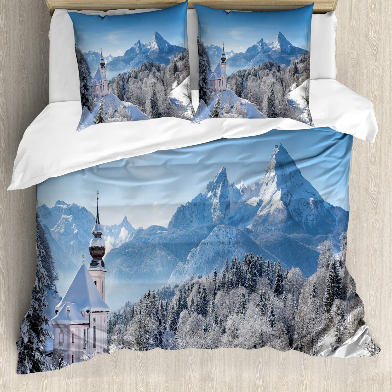 ABAKUHAUS Winter Duvet Cover Set, Snowy Bavaran Alps with Maria Gern with Famous Watzmann Massif Scenes from Germany, Bedding Set 3 Pieces with 2 Pillow Shams, 200 cm x 200 cm, White Blue