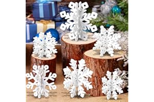 OuMuaMua 12 Set Winter Christmas Centerpiece Table Decorations - 24pcs Wooden Snowflakes Decor 3D White Snowflake Tabletop Decor for Xmas Holiday Tiered Tray Desk Winter Farmhouse Home Decor