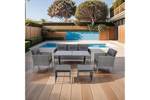 DHPM Dining Set 6-Piece Patio Outdoor, Wicker Furniture Set of 8 Rattan Chairs with Soft Cushions and Square Table,Backyard ConversationSet