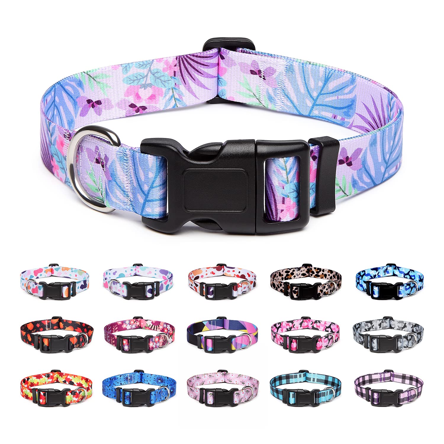 Suredoo Adjustable Nylon Dog Collar with Patterns, Soft Comfy Pet Collar for Small Medium Large Dogs (L, Purple Flower) — image 1