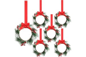 Crowye 6 Pcs Small Mini Christmas Cabinets Wreaths for Kitchen with Ribbon 10'' Hanging Artificial Green Leaves Decor Berry for Window Front Door Kitchen Wall Decor (Red)