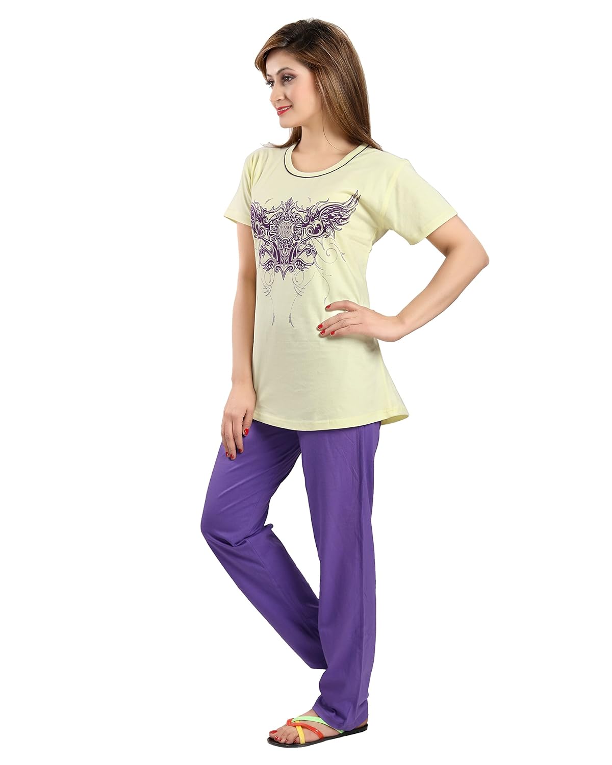 seemee yellow and purple polycotton top and bottom pyjamas nightsuit for women
