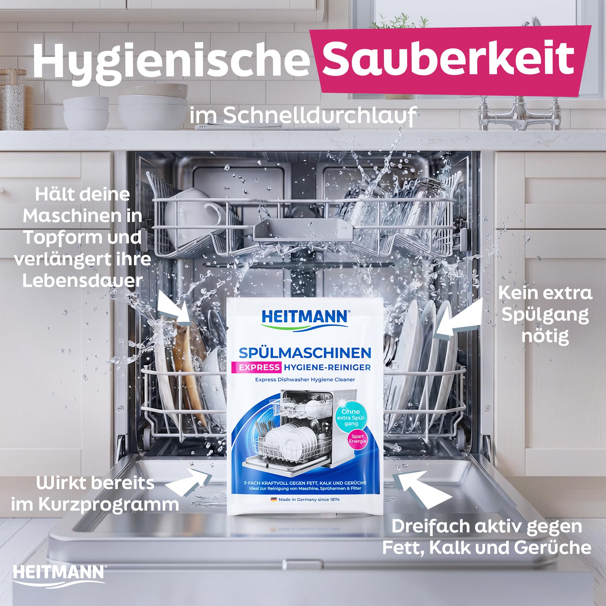 HEITMANN Spülmaschinenreiniger Express Hygiene-Reiniger 30 g | Dreifach-aktiv gegen Fett, Kalk & Gerüche | Maschinenreiniger für Spülmaschine | Für Sprüharme, Filter & Innenraum 4