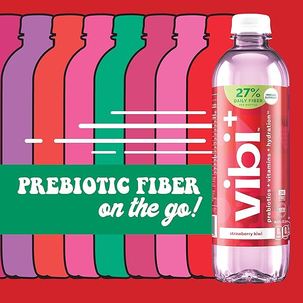 VIBI+ STRAWBERRY KIWI PREBIOTIC WATER – DIGESTIVE HEALTH SUPPORT – SUGAR FREE HIGH FIBER FLAVORED DRINK – KETO, VEGAN, HEALTHY, LOW CARB – 16.9 FL OZ – PACK OF 12