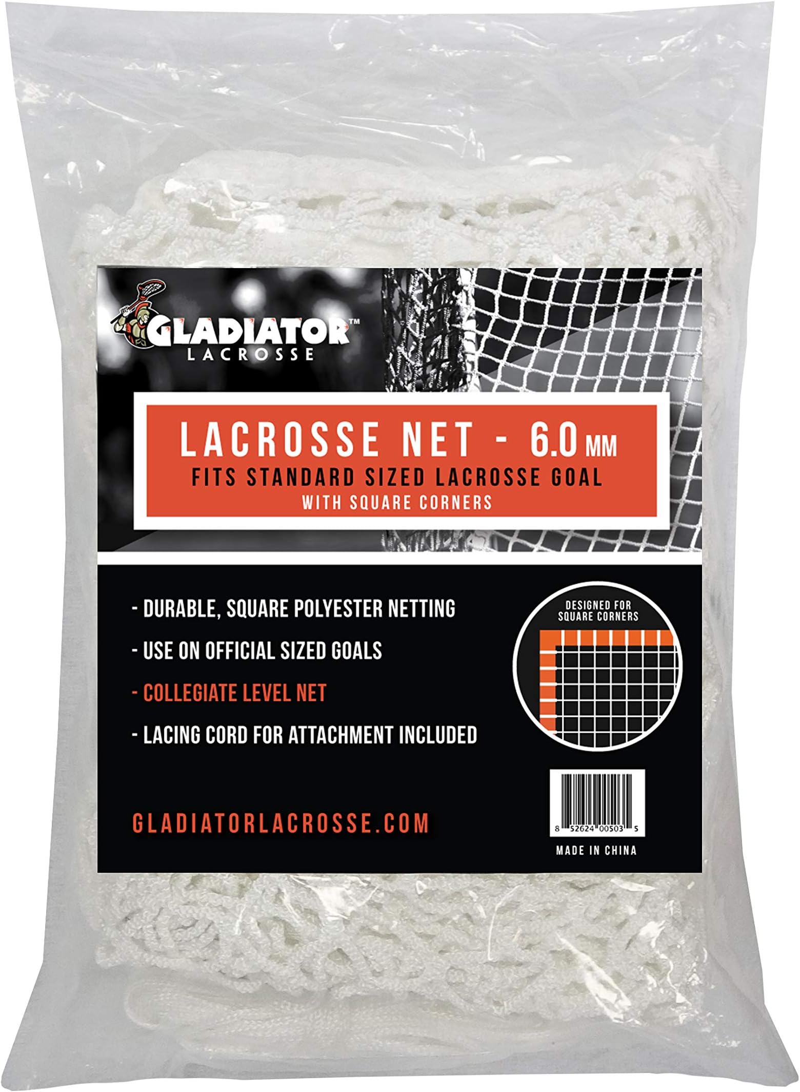 6mm Heavy Duty Replacement Lacrosse Goal Net 6'x6' for Professional Goals (Square Corners) - Gladiator Collegiate Level,White