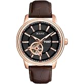 Bulova Men's Classic 3-Hand Automatic Leather Strap Watch, 21-Jewels, Hack Feature, Luminous Hands and Markers,Open Aperture and Exhibition Case Back