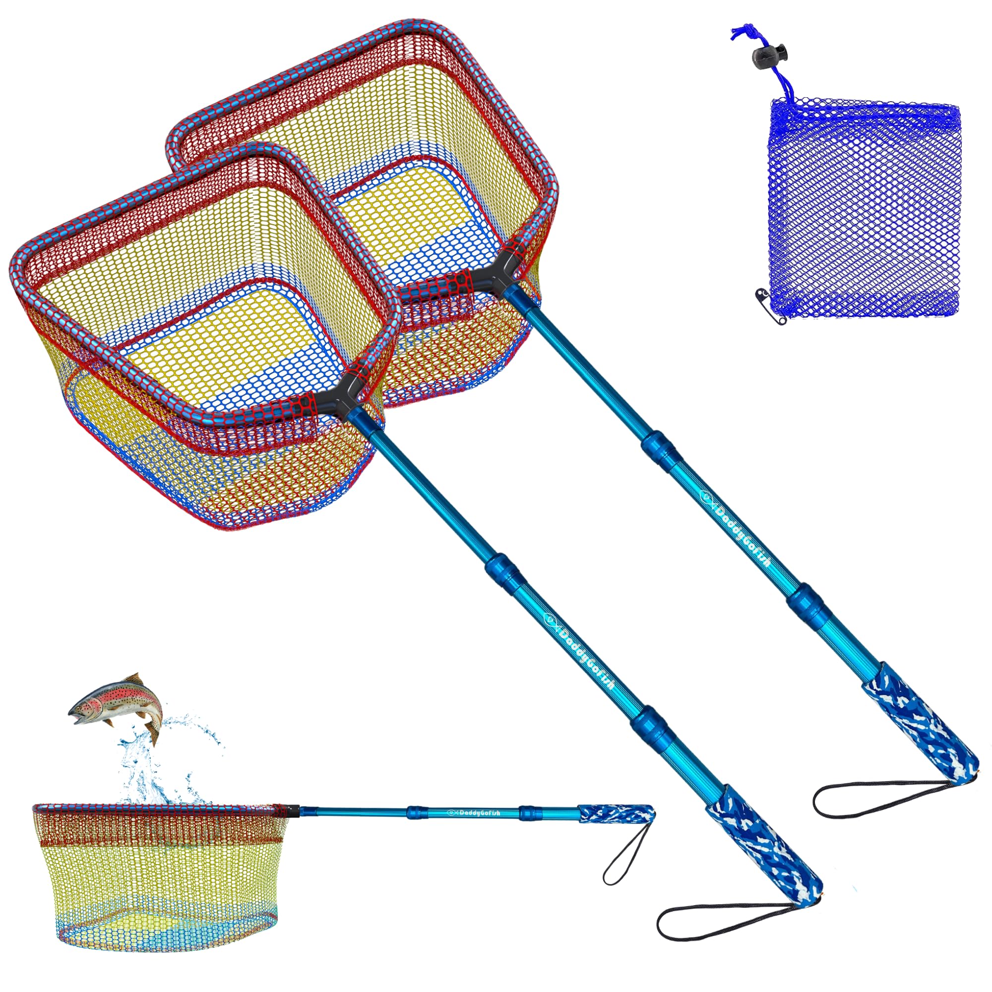 DaddyGoFish Kids Fishing Net - Landing Net Bait Pouch for Catching Fish Frog Minnow Cricket Butterfly Water Beach Lake Pond Gift for Boys and Girls (Style2 2 Pack (Blue+Blue)) — image 1