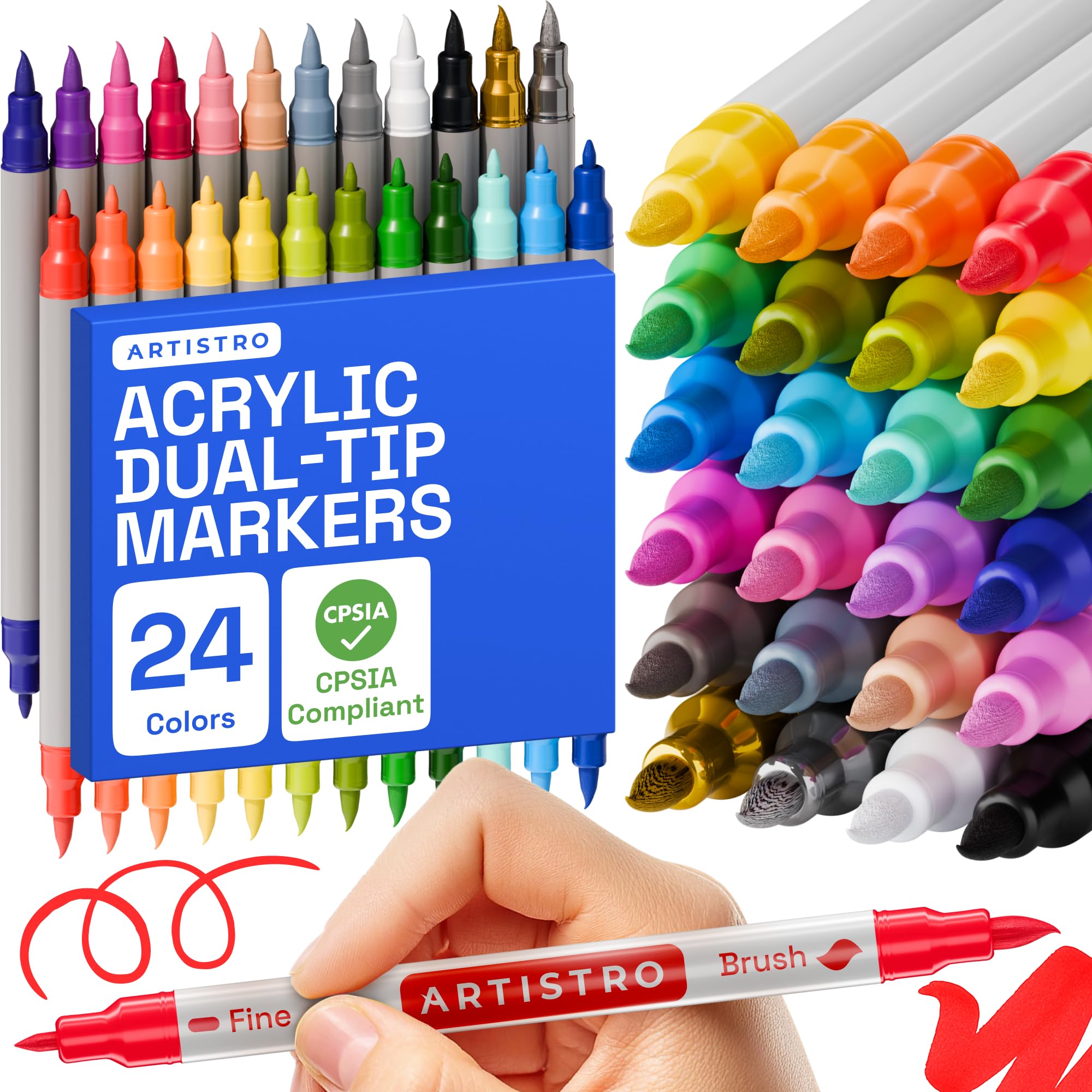 Photo 1 of ARTISTRO Acrylic Paint Markers for Fabric, Rock, Wood, Glass, Craft - 24 Quick Dry Dual-Tip Fabric Paint Pens for Halloween Decorations - Pumpkin Painting Kit, Art Supplies, Christmas Gift