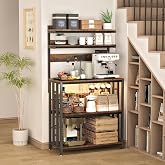 Baker's Rack with Power Outlet, 5-Tier Adjustable Shelf with Storage, Brown | LED Lights,Kitchen Coffee Bar Storage,Microwave