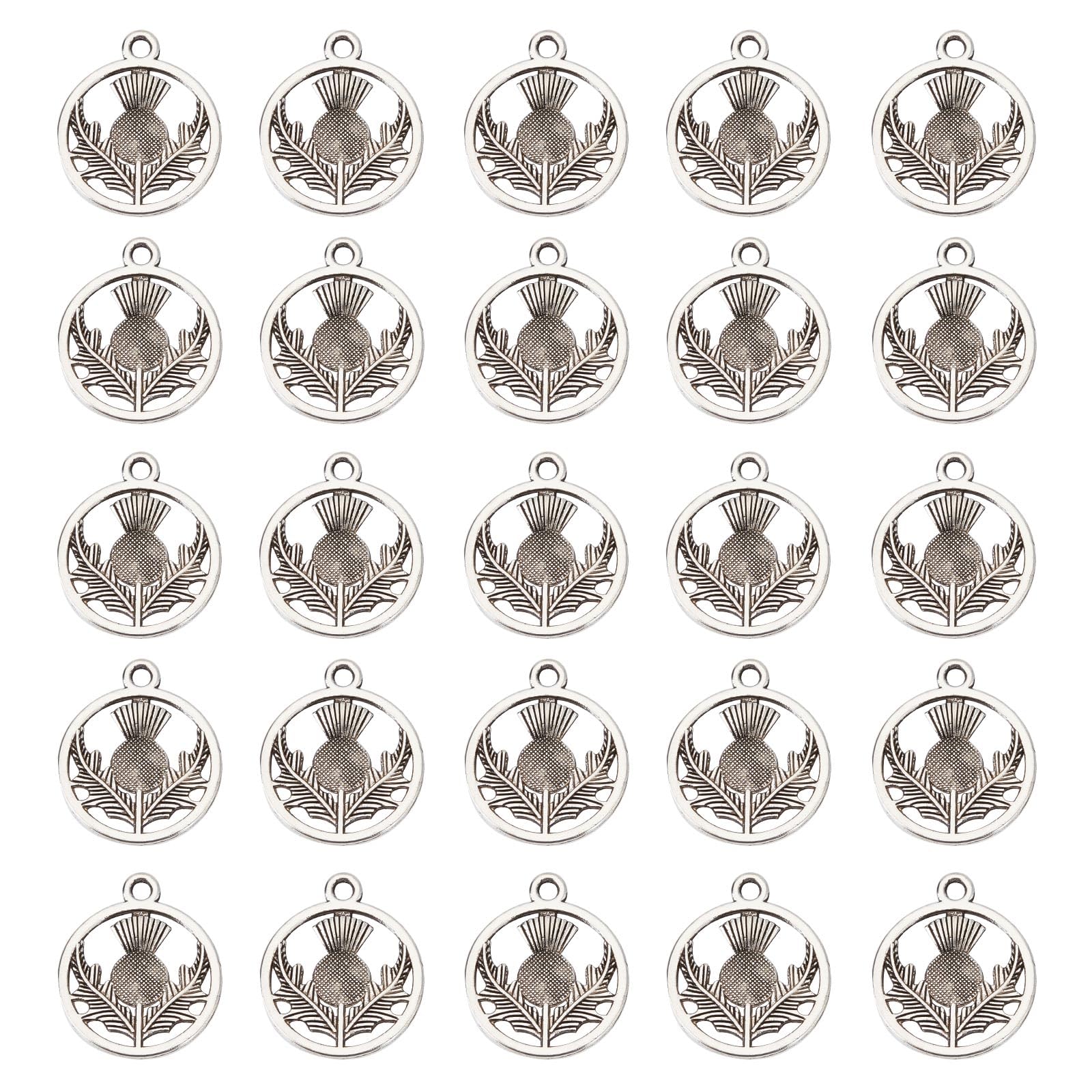SUNNYCLUE 1 Box 120Pcs Thistle Charms Bulk Scotland Thistle Charm Tibetan Style Alloy Scottish Scotland Charm Flat Round Flower Pendants for Jewellery Making Charms DIY Earrings Necklace Crafts UK