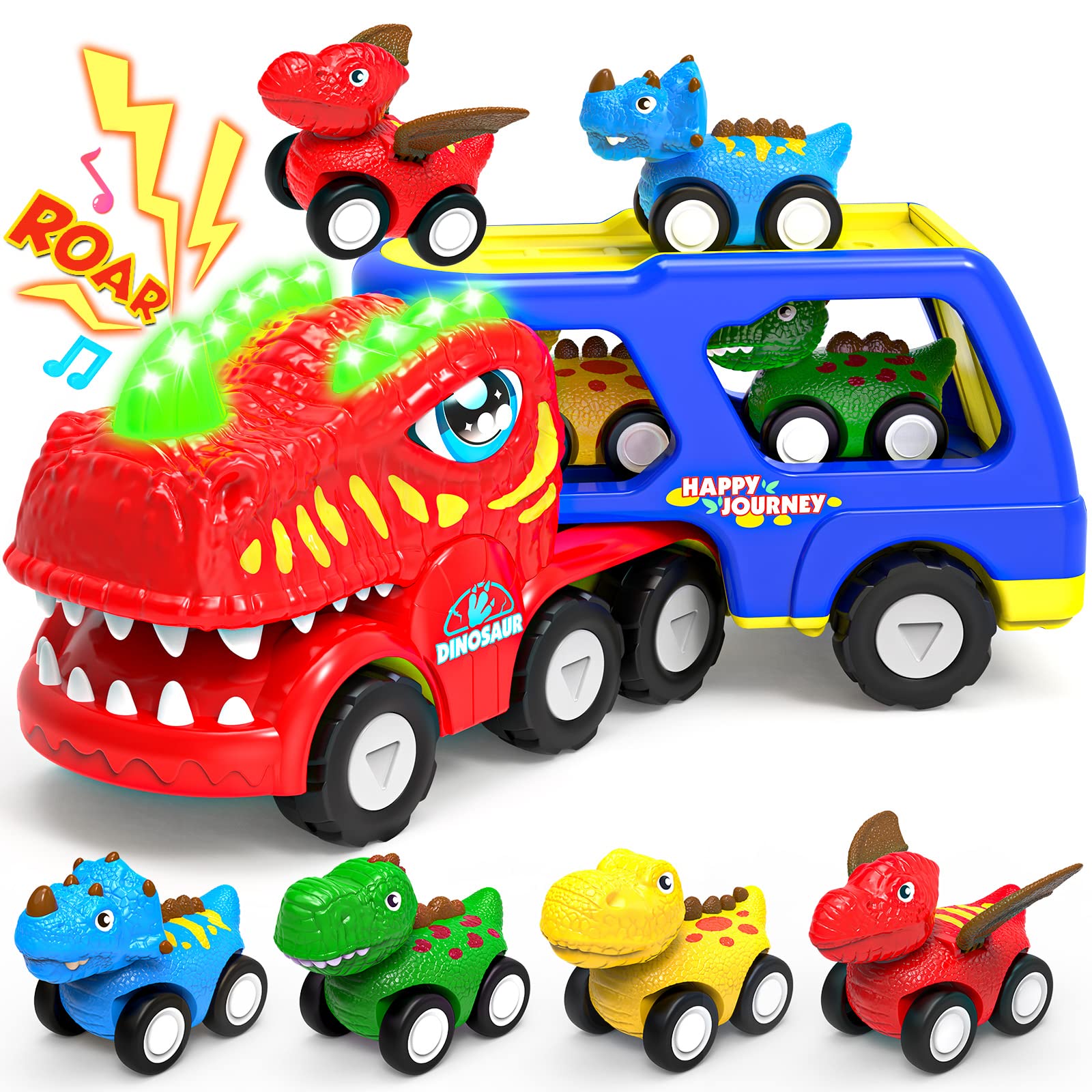 ENJSD Dinosaur Toys for 1 2 3 4 Year Old Boys Girls, 5 in 1 Dinosaurs Truck Toys for Boys Age 3-5 with Roar Sound & Lights, Friction Powered Dinosaur Toy Cars for Baby Kids & Toddler Toys