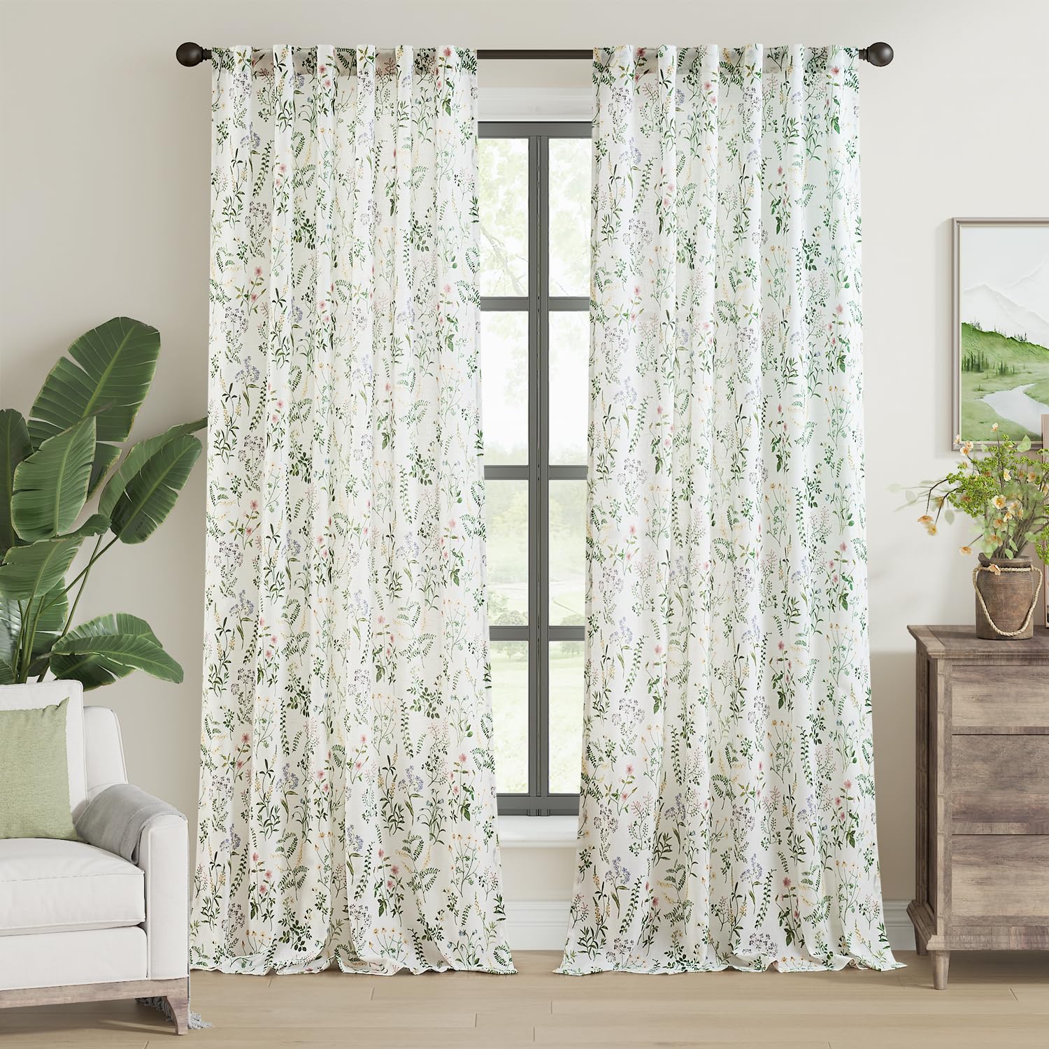 jinchan Floral Linen Blend Curtains for Living Room 96 Inch Length French Country Farmhouse Printed Curtains Sage Green on White Rod Pocket Back Tab Light Filtering Window Drapes 2 Panels Image