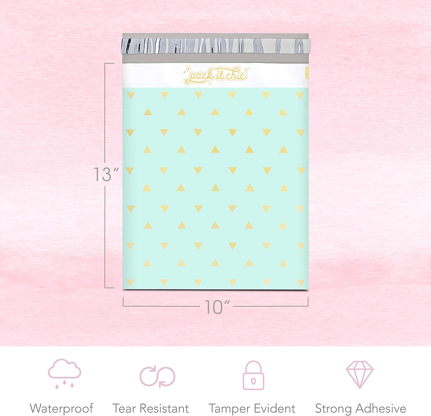 Pack It Chic - 10X13 (100 Pack) Mint Gold Triangles Poly Mailer Envelope Plastic Custom Mailing & Shipping Bags - Self Seal (More Designs Available) : Office Products