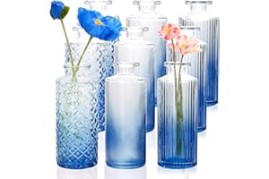 Brajttt Glass Bud Vase Set in Bulk, 9pcs Mini Vintage Flower Vases for Wedding,Navy Blue Relief Vase for Centerpieces,Home Table Flower Decor, Party Decorations