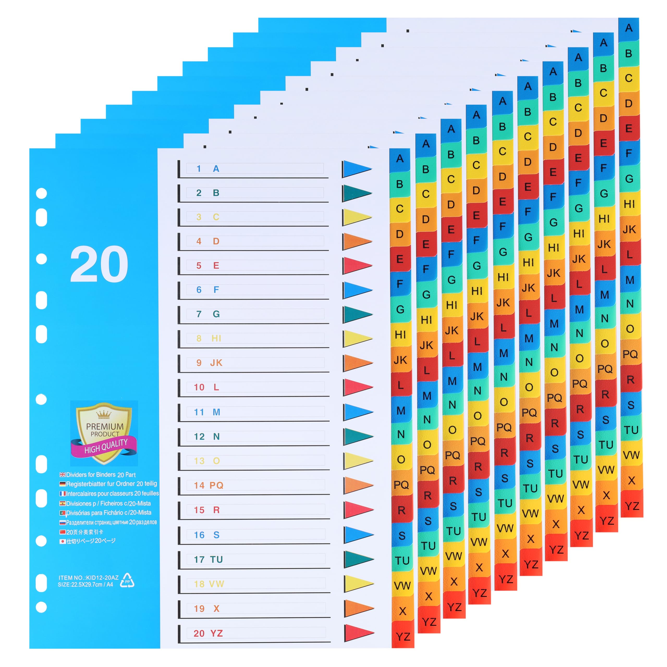 (10 Pack) DONGLI A4 File Dividers 20 Part Index A-Z, Subject Divider with 11-Holes Multi-Colour Tabs for Home Office School