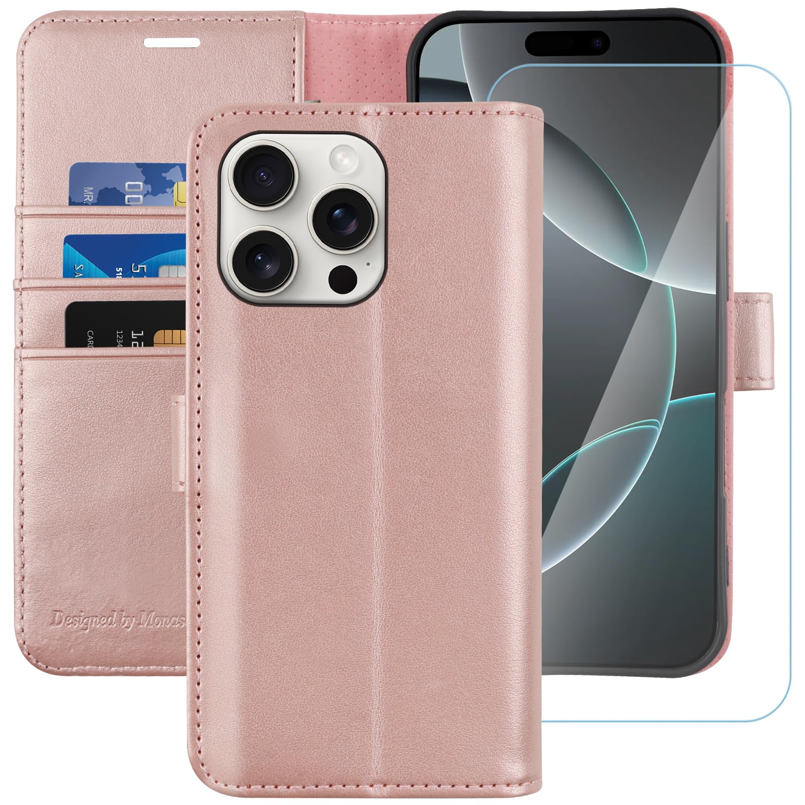 MONASAY for iPhone 16 Pro 5G Wallet Case,[Glass Screen Protector Included] [RFID Blocking] Flip Folio Leather Cell Phone Cover with Credit Card Holder, 6.3-inch, Rosegold