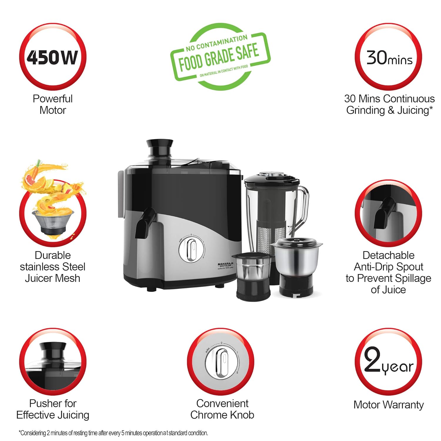 Jmg Odacio Plus 450Watt Juicer Maharaja Whiteline Mixer Grinder with 3