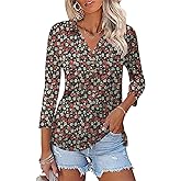 Bashafo Womens 3/4 Sleeve V Neck T Shirt Floral Collared Button Down Shirts for Women S-XXL